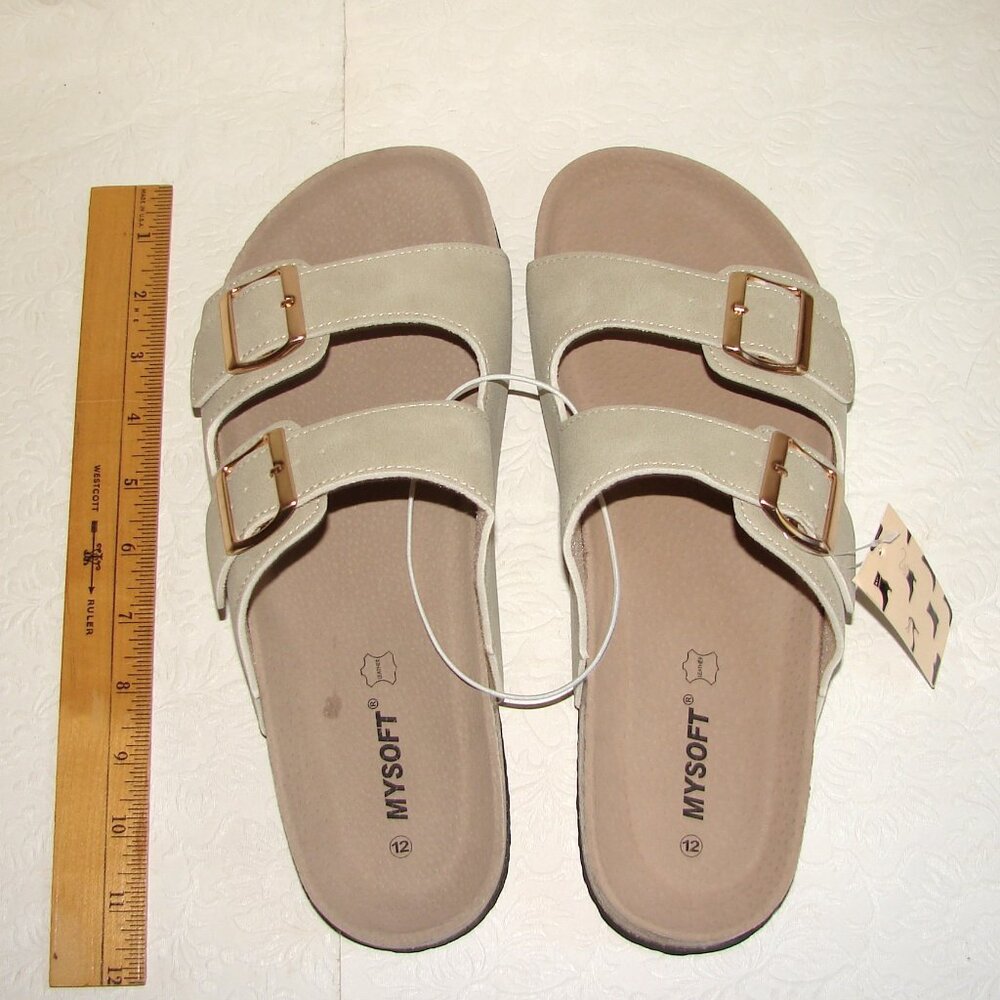 NEW Women's Mysoft SANDALS Slides Sz 12, Stone Color Suede w/Cork Footbed NWT